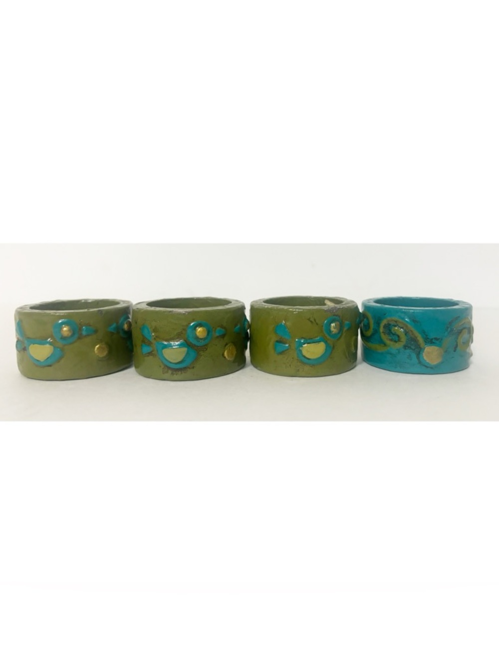 4 Fitz Floyd Paper Mache Painted Napkin Rings, Mixed Matched